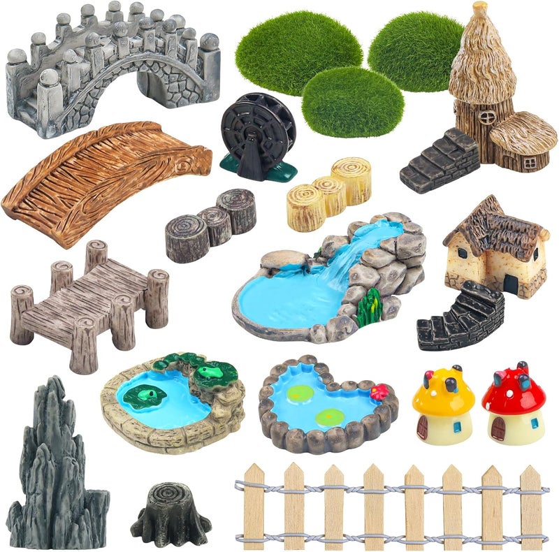 QUOZUO 21 Pcs Fairy Garden Miniatures Accessories Bridge House Landscape Water Well Fence Figurines Pond Mushroom Lawn Garden Ornament for DIY Craft Succulent Decor - Image 1